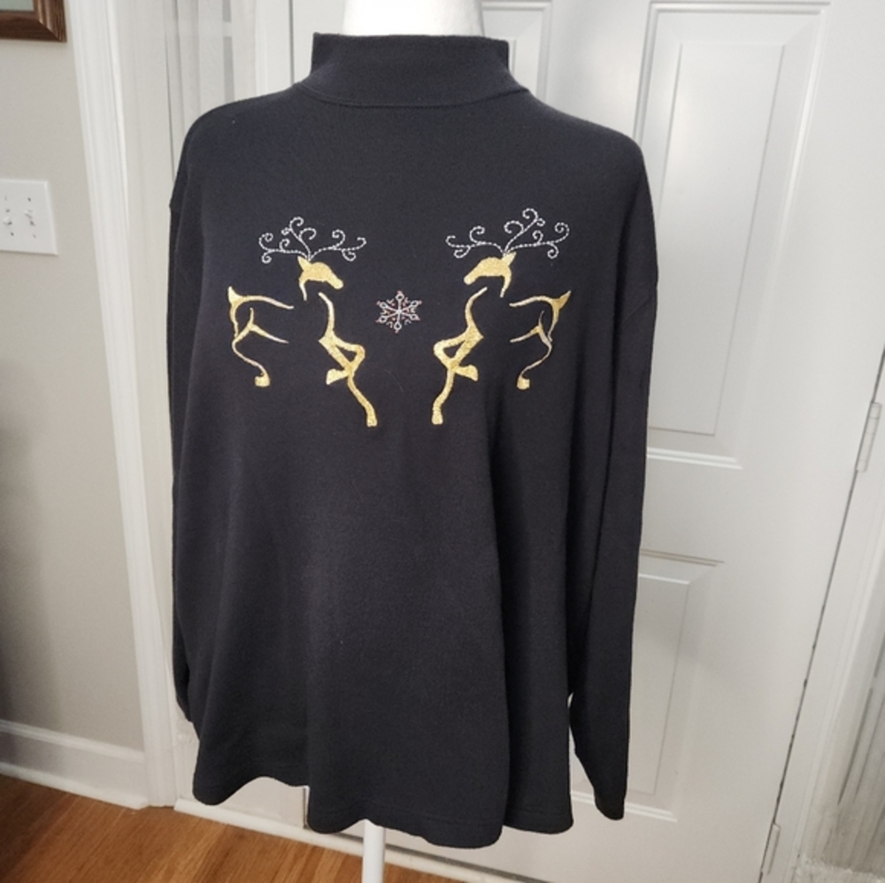 Designers Originals Studio Joy Embroidered Reindeer Black and Gold Size 1X